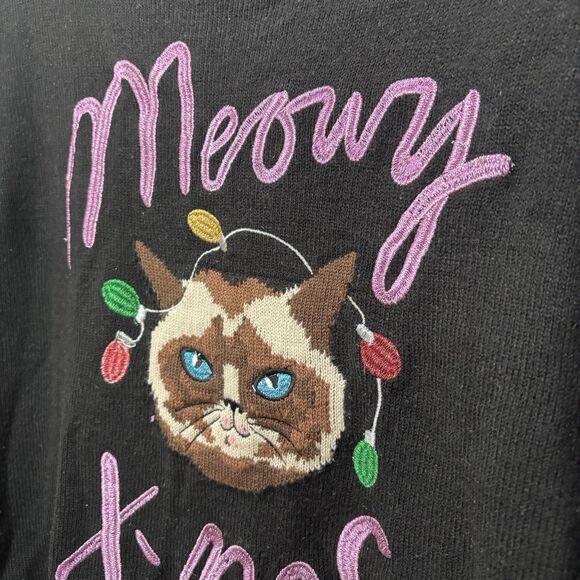 Cats Ugly Christmas Sweater Meowy Xmas Women M Black Kitty Grumpy Cat Lady Tacky - Picture 2 of 8